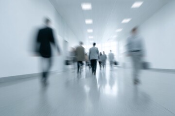 Blurred silhouette parade through sterile corridors, evoking urban anonymity and bustling Monday ritual; Utanohi, Transitions Day