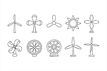 Line art wind turbines and fans isolated vector illustration