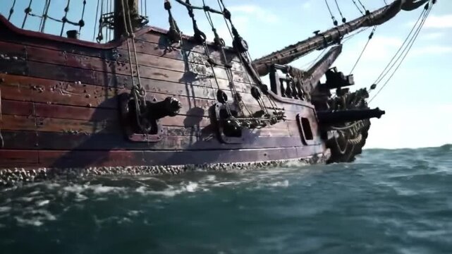 Pirate ship sails on ocean waves with cannons visible and barnacles attached
