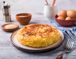 Traditional Spanish food, potato omelet, closeup view