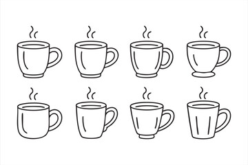 Breakfast drink vector set, outline steaming coffee cup illustrations