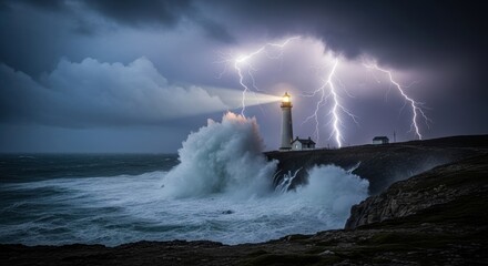 Fototapeta premium Lighthouse on a stormy night with crashing waves and dramatic lightning strikes.