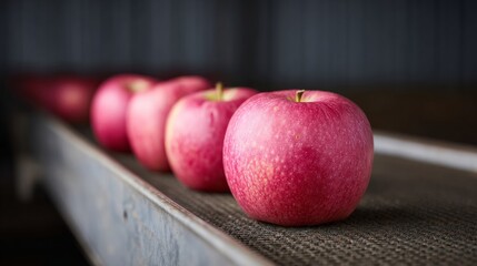 Rows of blushing red apples glide on a rustic conveyor, embodying Rosh Hashanah abundance and silent autumn whispers