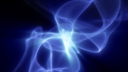 Blue glowing ribbons of light twist and fold through dark space, creating a soft and ethereal digital wave pattern