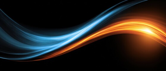 Abstract flowing lines with vibrant blue and orange light streaks on black background dynamic digital art design