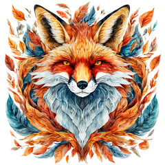 Obraz premium a striking watercolor portrait of a fox with a flowing mane and body composed of delicate, autumnal feathers in shades of orange, blue, and white.