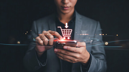 Person using smartphone with glowing shopping cart icon overlay for online shopping and e commerce concept