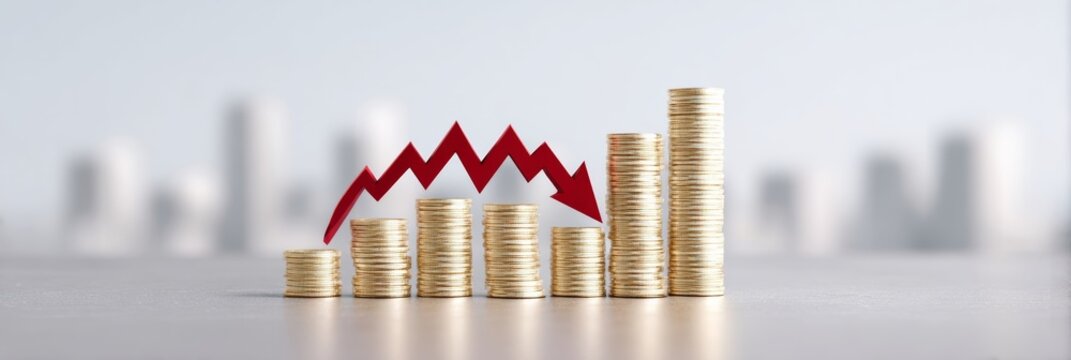 Staggered golden coins tumble beneath a crimson arrow, echoing fiscal turbulence, World Savings Day contemplation, financial paradox