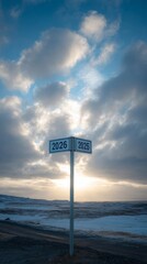 Time-bending signpost amid ethereal arctic dawn, Traveler's Day, parallel universe whispers, cosmic crossroad, temporal solstice contemplation