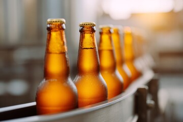 Golden amber bottles gliding on a sunlit conveyor, Oktoberfest brewing magic, cozy ale adventures, bottleneck symphony awaits