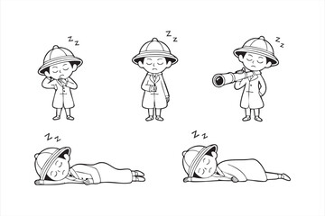 Cute little adventurer boy in uniform sleeping cartoon vector collection