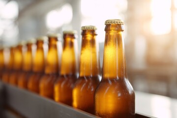 Golden bottles bask in sunlit brewery glow, celebrating Oktoberfest fervor and International Beer Days effervescent dance