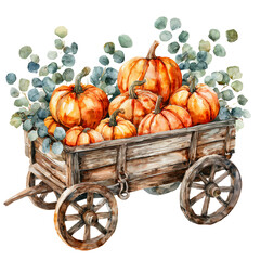 a watercolor painting depicts a rustic wooden cart overflowing with vibrant orange pumpkins and delicate sprigs of eucalyptus.