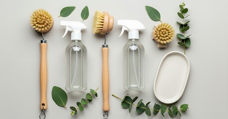 Zero waste cleaning products with eucalyptus leaves on gray background