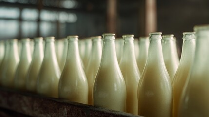 Rows of vintage milk bottles glisten in dim light, evoking nostalgia and rustic charm, perfect for National Dairy Month celebrations