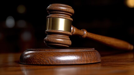 Wooden gavel resting on stand, dark background