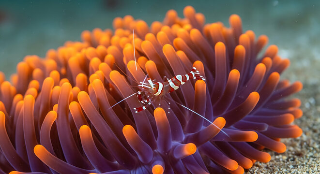 Macro underwater view of tiny shrimp on sea anemone tentacle