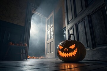 Eerie Halloween Pumpkin with Glowing Eyes and Menacing Face in Dark Room
