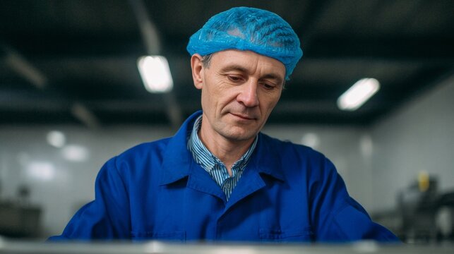 A solemn, focused Caucasian male worker in a vibrant blue uniform embodies precision during Manufacturing Day's industrial artistry