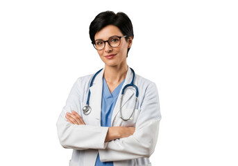 Fototapeta premium Confident female doctor wearing glasses and stethoscope with arms crossed isolated on transparent background