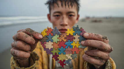 a boy holding colorful puzzle pieces in front of his face, symbolizing the idea that together we can help kids with autism.