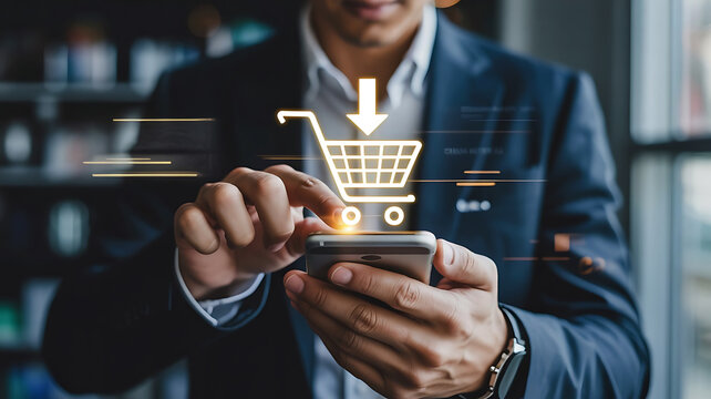 Businessman using smartphone to add items to virtual shopping cart for online retail and e commerce transactions