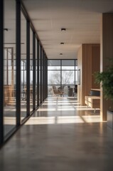 Modern office interior with glass walls, wooden panels, and soft natural lighting