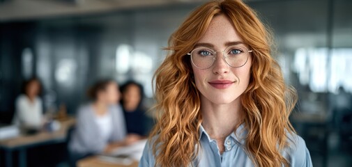 The redheaded woman in glasses confidently posing in modern office with blurred colleagues