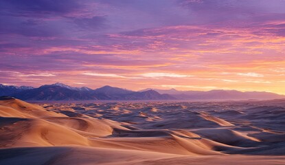 Naklejka premium Vast desert dunes at sunrise. Colorful sky over mountains