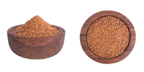 Organic coconut sugar isolated on white background. Natural sweetener, Healthy alternative to Refined White Sugar. Fresh coconut with coconut sugar.