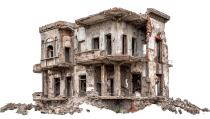 Decaying two-story building, crumbling facade, ravaged by time.  Ruined structure on a mound of debris