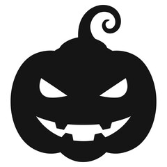 Black Halloween Pumpkin Silhouette with Evil Face and Curly Stem.