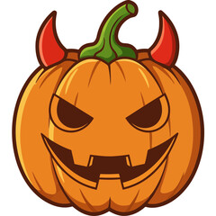 Cartoon Devil Pumpkin with Red Horns and Spooky Face.