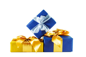Elegant blue and gold gift boxes with bows isolated on white background.