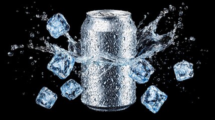 Cold aluminum soda can with ice cubes and water splash isolated on black background with refreshing detail