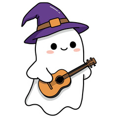 Cartoon Ghost with Purple Witch Hat Playing Ukulele.