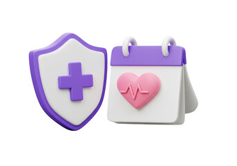 Fototapeta premium 3d rendering of a medical shield and calendar with heartbeat symbol isolated on transparent background