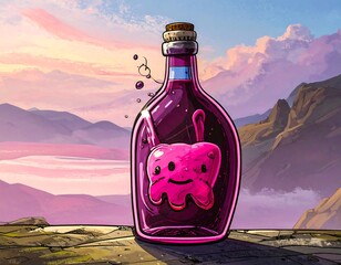 Pink creature in a bottle, scenic landscape