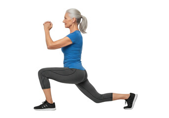 Fit senior woman performing a lunge exercise in athletic wear isolated on transparent background