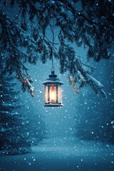 Lantern glowing in snowy winter forest hanging from pine branch with snowfall and serene night atmosphere scene