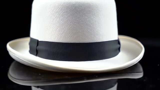 Elegant white fedora with a dark ribbon sits on a black surface, reflecting light.