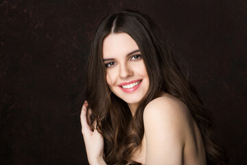 Close up portrait beautiful young woman smiling natural makeup