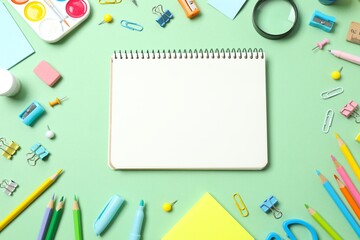 Open notebook with school stationery on green background, top view