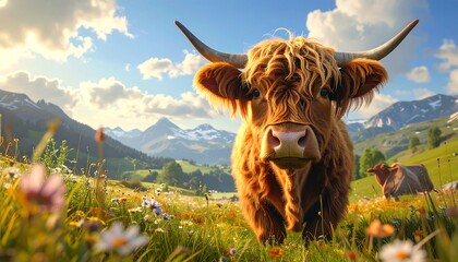 Highland cow in a meadow at sunset (1)