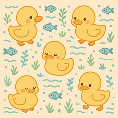 duck and fish pattern kawaii