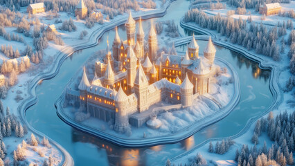 Fairytale Winter Castle Surrounded by Snowy Landscape