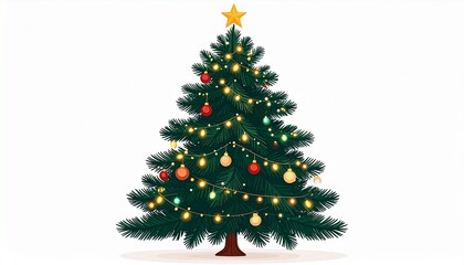 Fototapeta premium Beautifully decorated Christmas tree with star and colorful ornaments on white background.