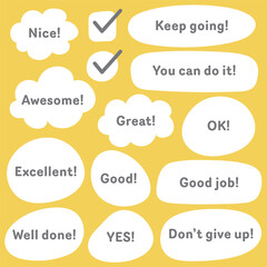 A vector set of message frames in smooth shapes like clouds, circles, and rounded rectangles. Each includes motivational phrases in friendly, casual text. Great for notes, stickers, or cheerful layout