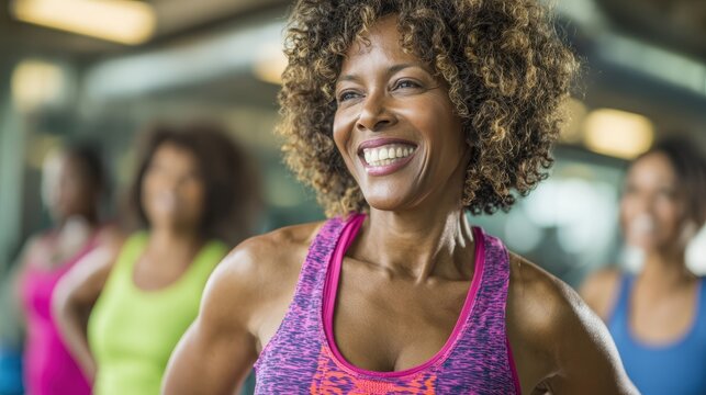 Energetic smiling woman with curly hair leading an outdoor fitness class in bright sportswear surrounded by diverse participants in a sunny gym setting