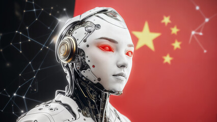 Futuristic humanoid robot with glowing red eyes and China flag